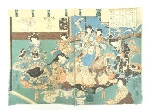 江戸期　三代歌川豊国　平清盛と祇王祇女の図　3枚続の中・右　手摺木版画